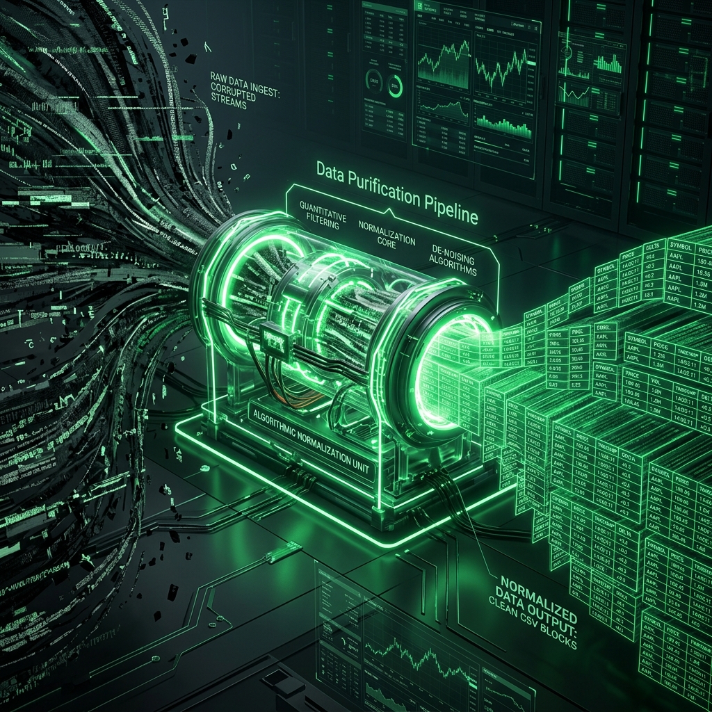 Data Purification Pipeline transforming corrupted streams into clean CSV blocks