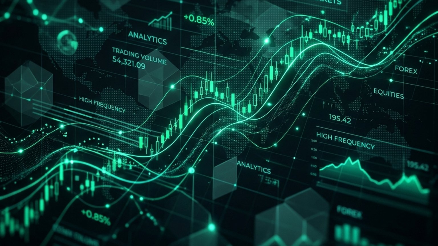 Neon visualization of high-frequency market data streams and global order flow