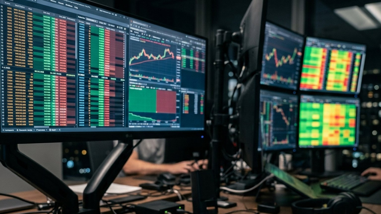 Quantitative researcher's multi-monitor workstation with order books and model diagnostics