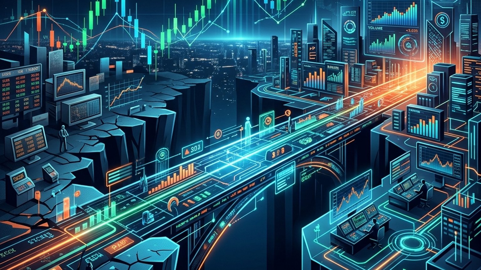 Market data pipelines flowing between exchange terminals, charts and storage systems