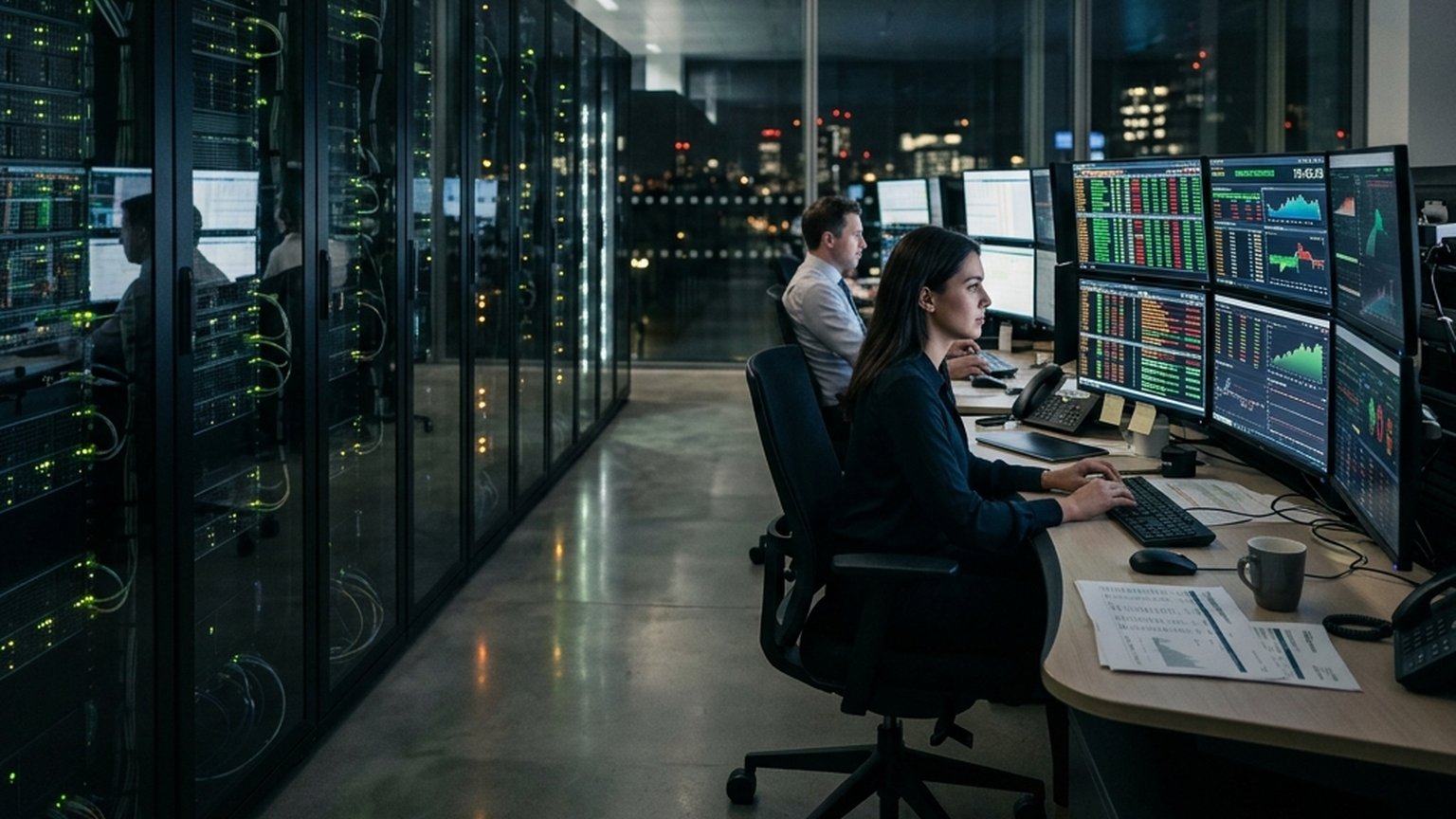 Night trading floor with market data terminals beside server racks