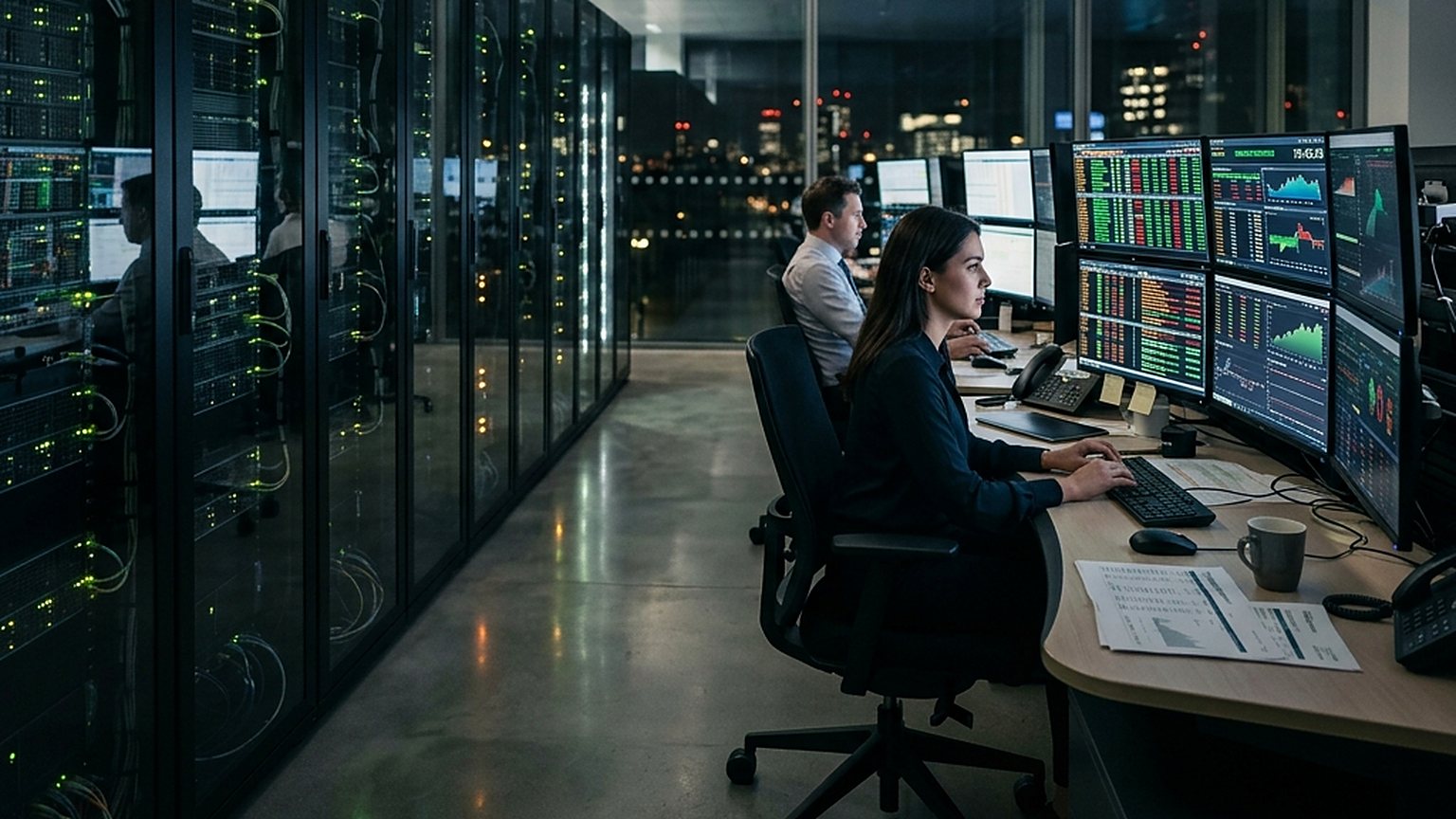 Market data analysts working beside server racks at night