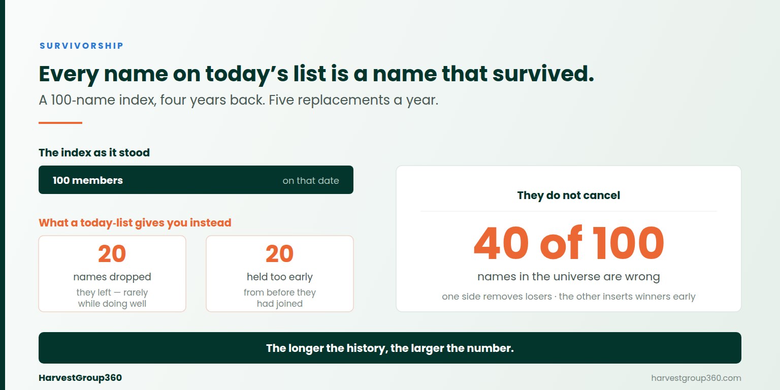 A hundred-name index four years back: twenty names a today-list drops because they left, and twenty it holds before they had joined, adding up to forty wrong names out of a hundred.